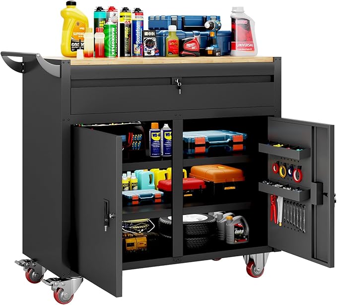 46-inch Rolling Tool Cabinet,Tool Chest Workbench with Wood Top, Casters, Handle, Drawer Liner, Locking System,Tool Storage Workstation with 1200 lb for Warehouse, Factory, Auto Service Bays