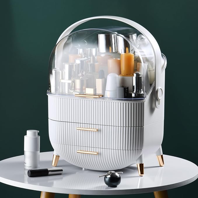 CANITORON Makeup Organizer,Skincare Organizer with 2 Drawers and Brush Storage Box,Cosmetic Display Case for Vanity Organizer and Bathroom Countertop Storage.(White)