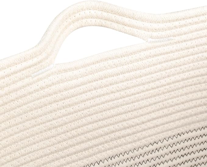 Storage Baskets for Clothes Fabric Cotton Rope Storage Basket with Handles, Decorative Woven Basket for Living Room,Closet Organizer Blankets, and 2bags (White/Black Line, L17.8×W12.5×H17.9)