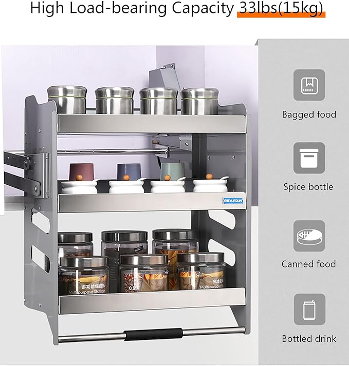 Heavy-Duty 3-Tier Pull Down Kitchen Shelf, Metal Dish & Spice Rack System for Upper Cabinets, Space-Saving Storage Solution, Easy Access Lifting Basket