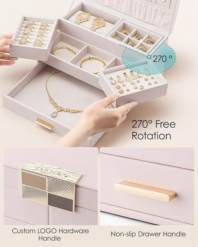 Vlando 3 Layer Jewelry Box - Women Jewelry Box with Retractable Tray - Jewelry Organizers with Drawer for Necklaces, Rings, Bracelets, Earrings, Gift for Couples Mom Girls - Pink
