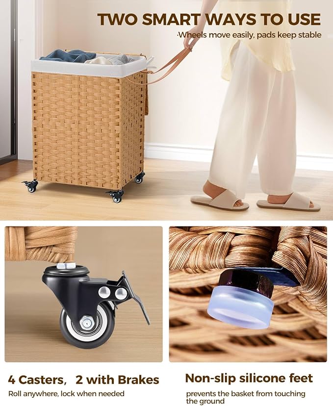 Greenstell Laundry Hamper with Wheels, No Install Needed, 90L Divided Handwoven Hampers & 2 Removable Liner Bags, Synthetic Rattan Clothes Laundry Basket with Lid & Handles, Foldable Hampers Natural