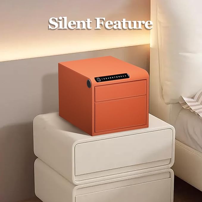 Jewelry Safe with Drawers，Biometric Fingerprint safe, Slide-Away Handgun Safe for Pistols, Leather Wrapped Jewelry Storage Safe, Digital Keypad & Quick-Access Drawer(Orange- 2 Drawer)