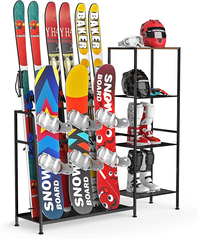 Freestanding Snowboard Rack, 4 Pair Ski, 3 Pack Snowboard, Boot, Pole, Goggles, Snowboard Gear, Ski Rack for Garage