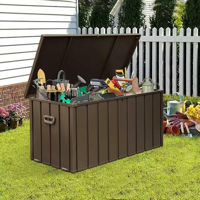 Domi 150 Gallon Metal Deck Box Waterproof, Outdoor Storage Box with Lock Wheels Side Handles Outside Storage Box for Patio Cushions, Shoes & Pool Tools