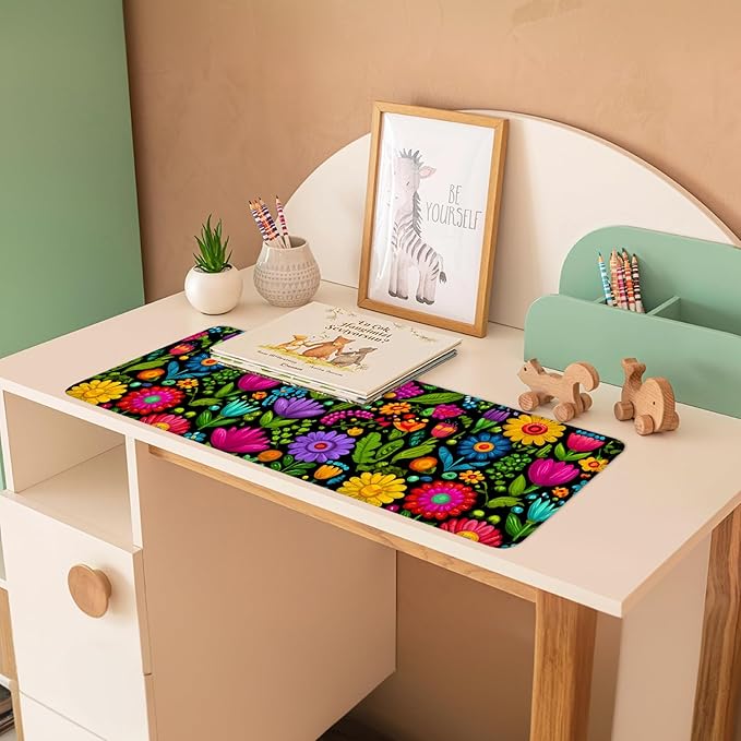 Folk Art Floral Mouse Pad – Large Extended Desk Mat 31.5 x 11.8 in– Colorful Boho Flowers on Black Background, Waterproof Surface, Non-Slip Rubber Base, Oversized Mouse & Keyboard Pad