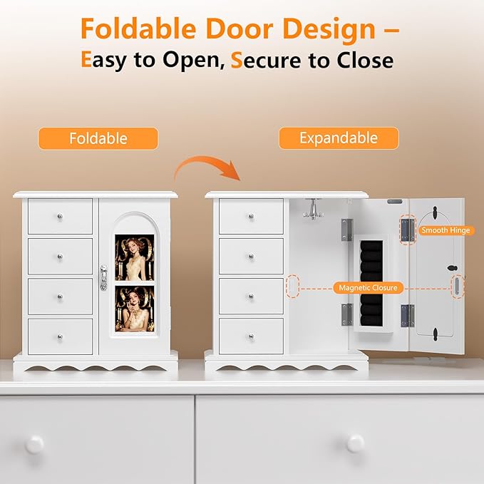 Bonnlo Small Jewelry Box Organizer with Photo Frame Door & Velvet Ring Holder, French Style Jewelry Storage Case with Rotating Necklace Hooks & Drawers, White,9.5" W*4.75" D*10.75" H