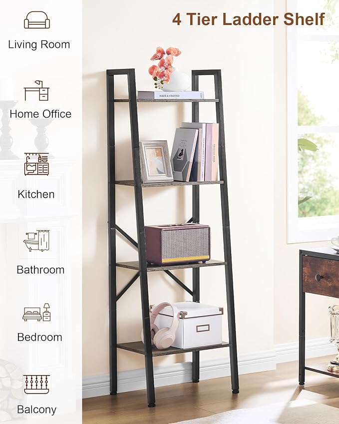Hoctieon 4-Tier Industrial Ladder Bookshelf, Narrow Ladder Shelf, Tall Standing Bookshelf, Skinny Open Ladder Shelf, for Living Room, Home Office, Kitchen, Bedroom, Metal Frame, Greige