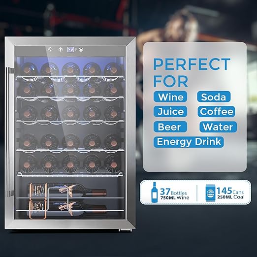 COWSAR 37 Bottle Wine Fridge, 4.45 Cu.Ft Freestanding Commercial Beverage Refrigerator with Reversible Double Pane Glass Door & Adjustable Wavy Wire Shelves, Wine Cooler for Kitchen Bar, Silver