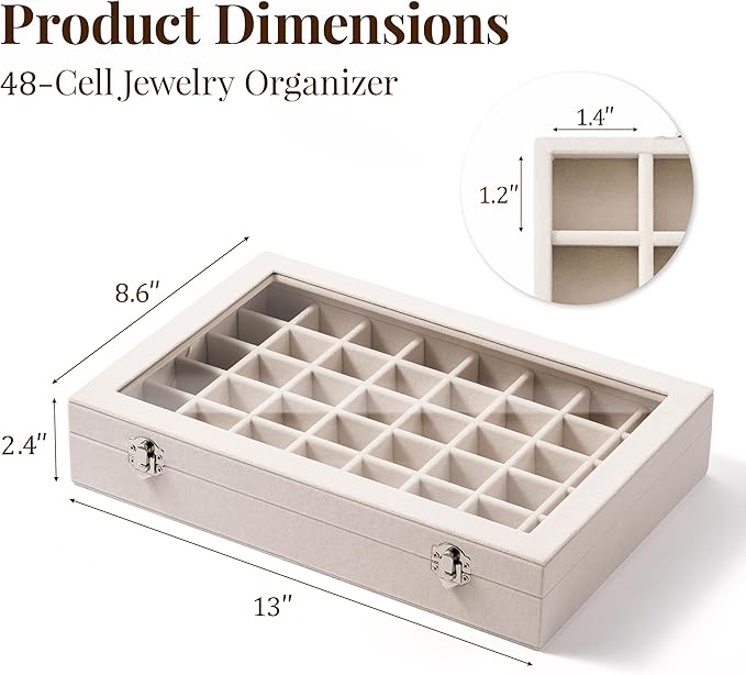48 Grid Earring Organizer and Storage: Velvet Jewelry Tray with Lid, Jewelry Box for Studs, Earrings, Rings, Necklaces, Dresser & Vanity, Earrings Case for Girls, Women, Beige