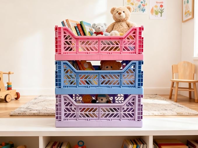 Collapsible Storage Box, Foldable Crate Organizer Bin with Handle, Stackable Crates for Home Organization (Blue-Purple-Pink, 14L - 3 Pack)