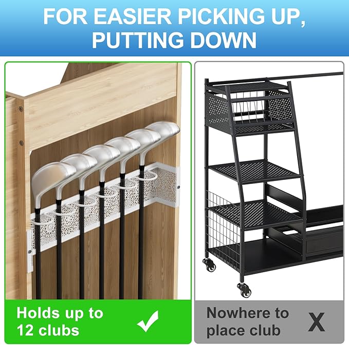 Golf Bag Storage Organizer for Garage, Premium Wooden 2 Golf Bags Rack with Drawer, Easy Assemble Golf Club Stand/Holder Suitable for Garage Home Simulator and Office