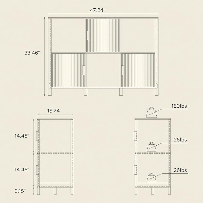Fluted Storage Bookshelf, Modern Wood Freestanding Bookcase with Doors and Open Shelf, 2-Tier Short Organizer Shelf for Living Room, Bedroom Light Oak