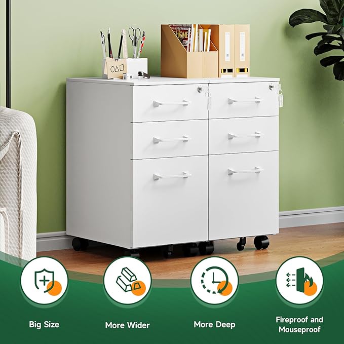 Letaya 3 Drawer Mobile File Cabinet with Lock,Under Desk Metal Filing Cabinets for Home Office Organizer,Small Rolling Printer Stand with Wheels,for Letters/Legal/A4(Assembly Required) (White)
