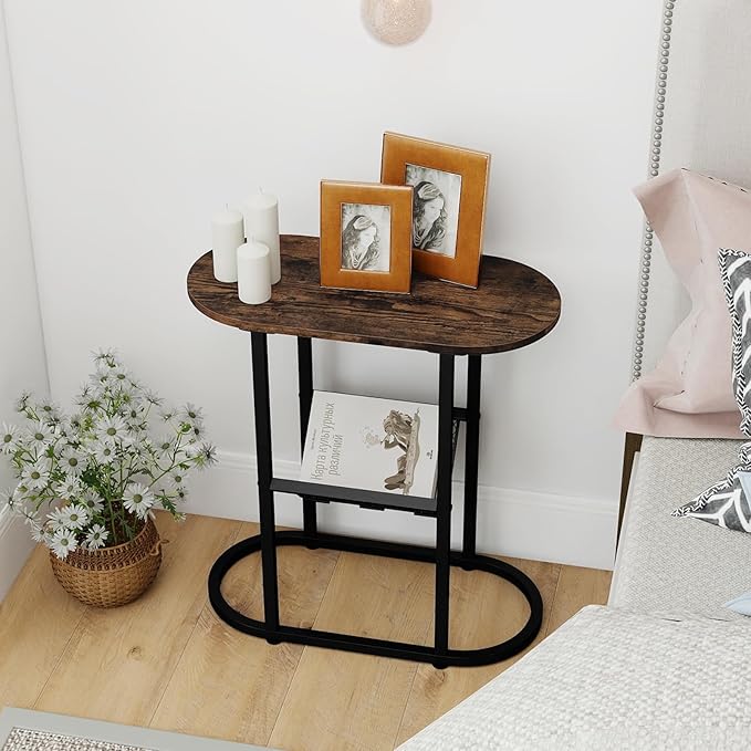 Tangkula Oval Narrow Side Table, 2-Tier End Table w/Mesh Magazine Rack, Steel Frame, Industrial Nightstand, Compact Sofa Bedside Table for Living Room Bedroom, Rustic Brown & Black