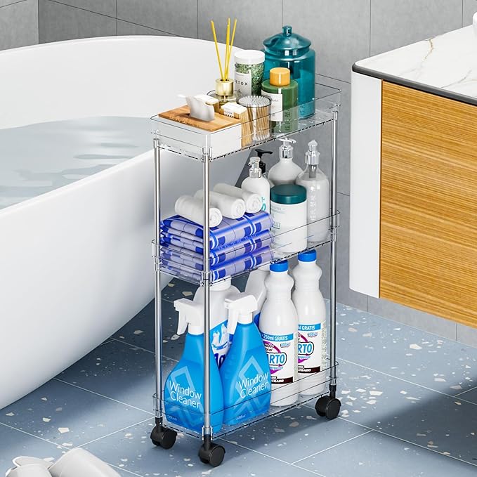 Yieach Clear 4 Tier Slim Rolling Storage Cart with Wheels,6.3″W Thin Shelf,Bathroom Storage Cabinet,Skinny Laundry Cart,Narrow Laundry Room Cart Between Washer and Dryer,Skinny Shelves for Small Space
