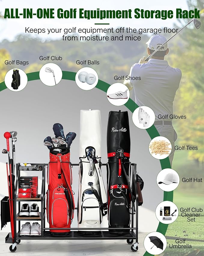 Golf Bags Storage Garage Organizer- Golf Bag Stand for Golf Bags, Clubs, Balls, Golf Equipment Accessories, Golf Bag Storage Rack with Wheels for Garage, Club, Basement