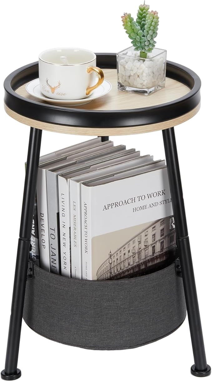 Small Round End Table, 2 Tier Side Table with Storage Basket, 11.8'D*17.8'H, Sofa Side Table, Small Round Nightstand