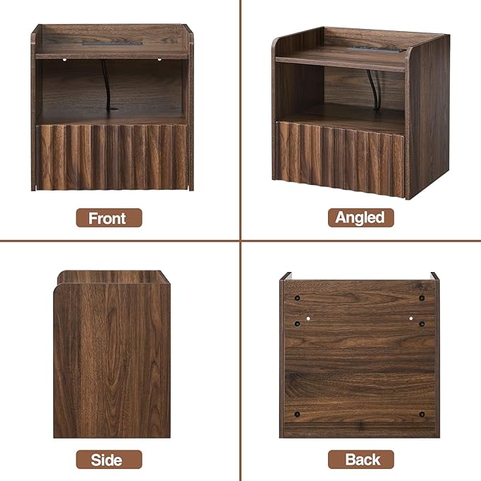 Modern Fluted Floating Nightstand Wall Mounted - Bedside Table with Storage Drawer & Display Shelf, Minimalist Bedroom Furniture for Studio Apartments(Walnut)