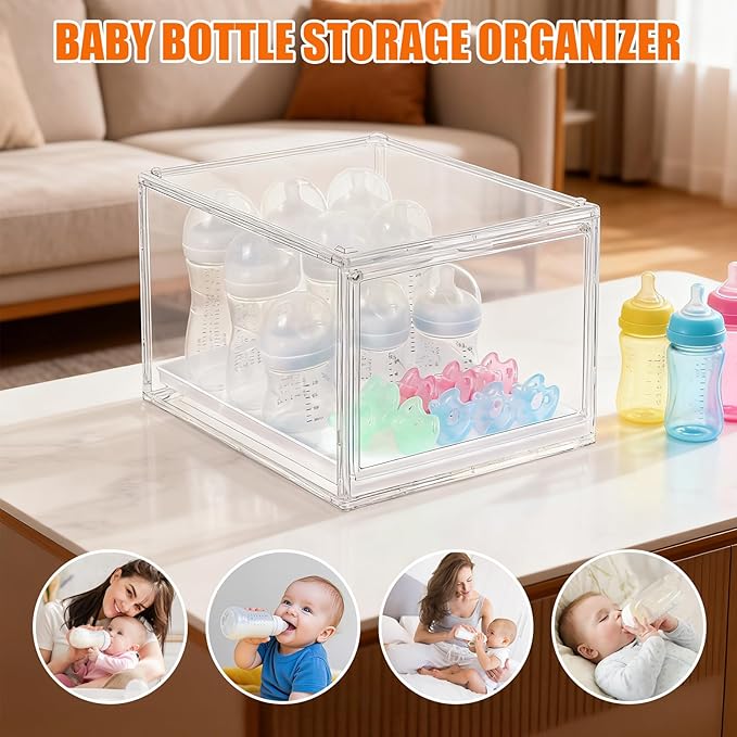 YESGIRL 2 Packs Clear Baby Bottle Organizer,Clear Stackable Acrylic Storage With Drawer for Countertop Cabine Storage Station Case Box Container for Nipples Pump Parts Food Jars