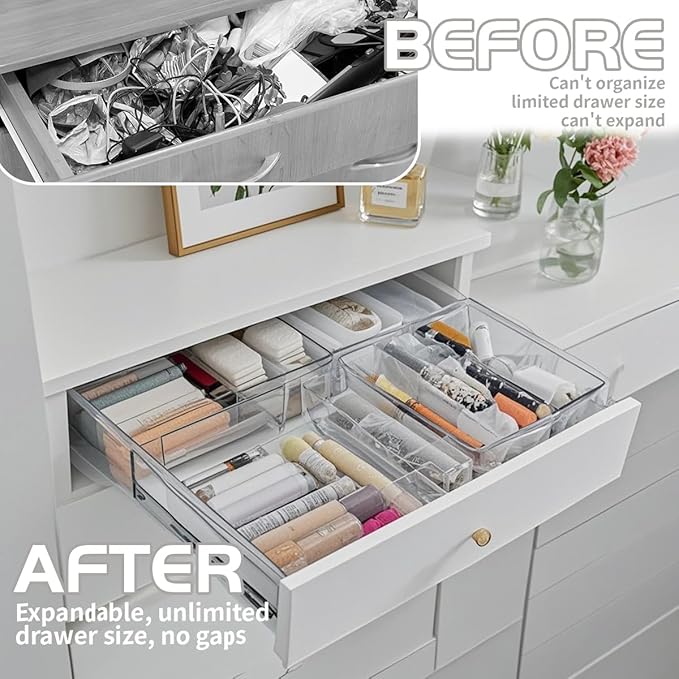 25 PCS Adjustable Desk Drawer Organizer, Acrylic Clear Drawer Organizers, 3 Size Desk Drawer Organizer for Cosmetics, Jewellery, Office, Gadgets, Kitchenware