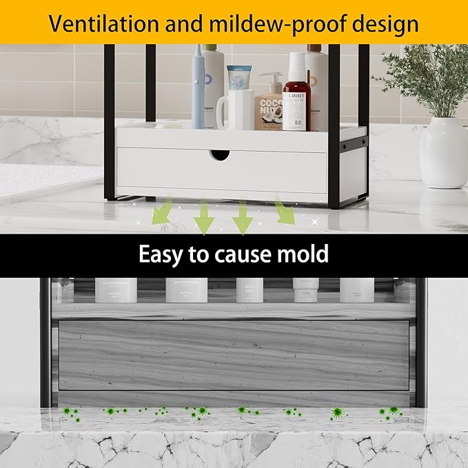 2-Tier Bathroom Organizer Countertop with Drawer, Wood Bathroom Counter Shelf for Storage, Vanity Organizer Countertop for Kitchen, Office