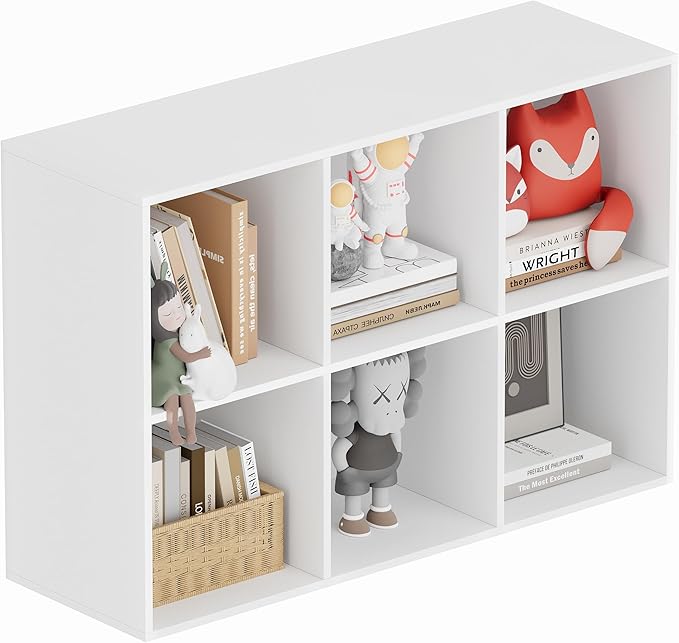 Book Shelf, Wooden Cube Storage Organizer with 11" Open Cubes, Stackable Modular Bookcase for Room Divider Storage, 2 Tier Bookshelf for Living Room, Bedroom, Office (White, 6-Cube)