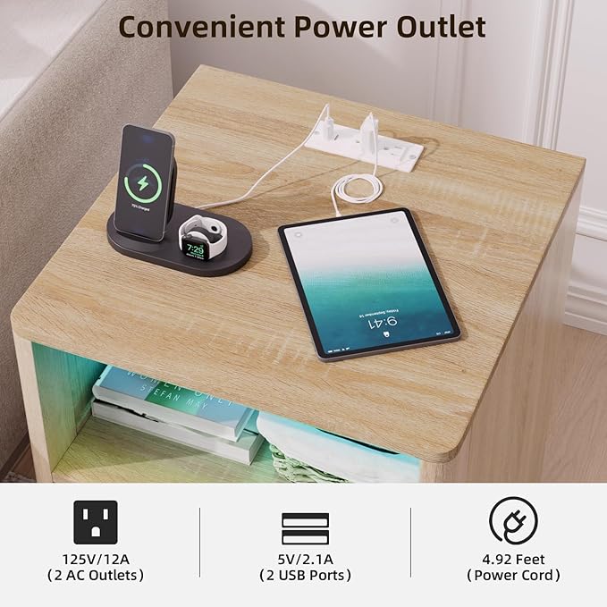 VOWNER Fluted Nightstand with Charging Station, 18” RGB Night Stand with 2 Drawers, End Table with Storage Shelf, Curved Profile Design Side Table, Bedside Table for Bedroom Living Room, Oak