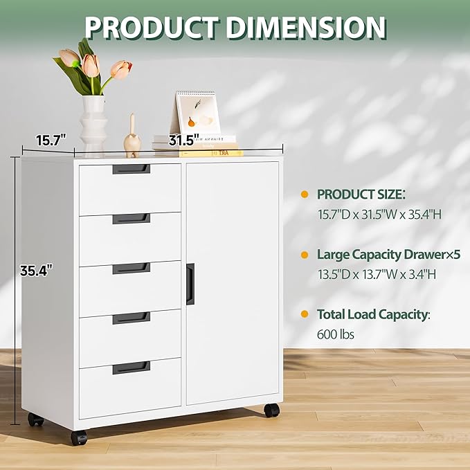 MIIIKO 5 Drawer Storage Cabinet with Door and Shelf, Mobile Lateral Cabinet on Wheels, Office Small Organizer Printer Stand, White File Cabinets