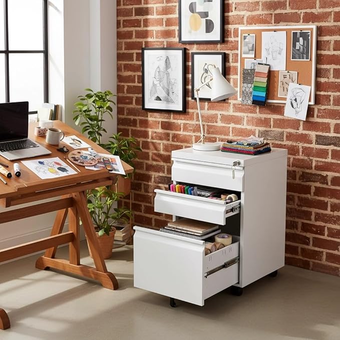 3-Drawer Metal Mobile File Cabinet with Lock, White Rolling Filing Cabinet for Letter/Legal/A4 Folders, Under-Desk Storage Organizer with Pencil Tray, 17.71" x 15.35" x 23.62" for Home & Office