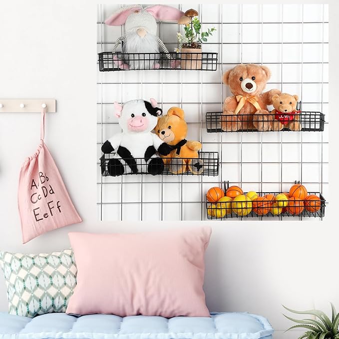 Blulu 4 Pcs 15.75 x 5.91 x 1.97 Inch Metal Grid Wall Baskets with Hooks Grid Wall Shelves Hanging Wire Basket Multi Function Storage Organizer for Kitchen Organizing Display (Black)