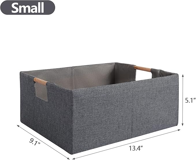 Fabric Storage Bin 3 Pack Foldable Cotton Linen Storage Basket with Wooden Handles Rectangular Cube Box – Gray, Small