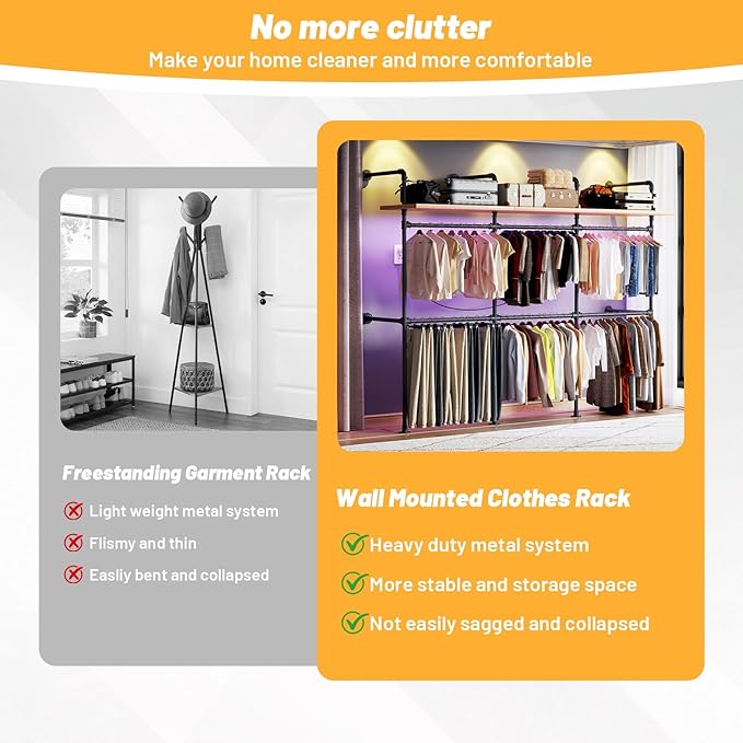 Industrial Pipe Clothing Rack, Reversible 118.3'' Clothes Rack for Hanging Clothes, Black Wall Clothing Rack Wall Mounted Rack for Walk-in Closet, Laundry Room or Retail Display (丨丨丨-with board)