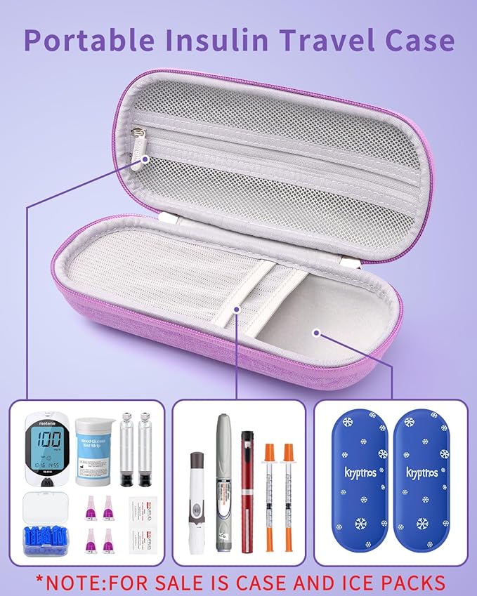 Krypthos Insulin Cooler Travel Case, Diabetes Travel Bag with 2 TSA Approved Ice Packs, Portable Medication Organizer for Diabetic Insulin Pens, Vials & Syringes for Travel & Daily Use (Violet)