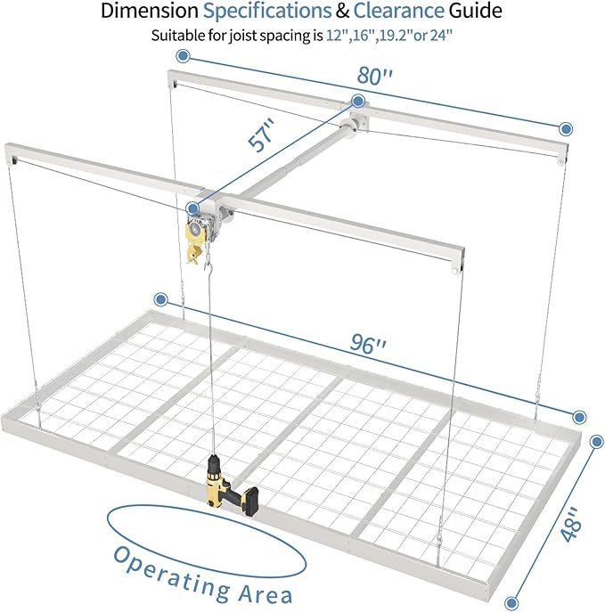 Overhead Garage Storage Rack – 4x8 FT Garage Ceiling Storage Racks with Safety Lock, Heavy-Duty Ceiling Mounted Lift System and Storage Organizer, Ideal for Maximizing Overhead Space, 325 lbs Capacity