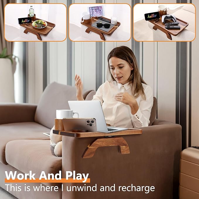 Couch Armrest Table Acacia with 360°Rotating Phone & Cup Holders,15.4" x 9.8", 3-in-1 Sofa Arm Tray Clip-On Couch Tray for Drinks & Snacks
