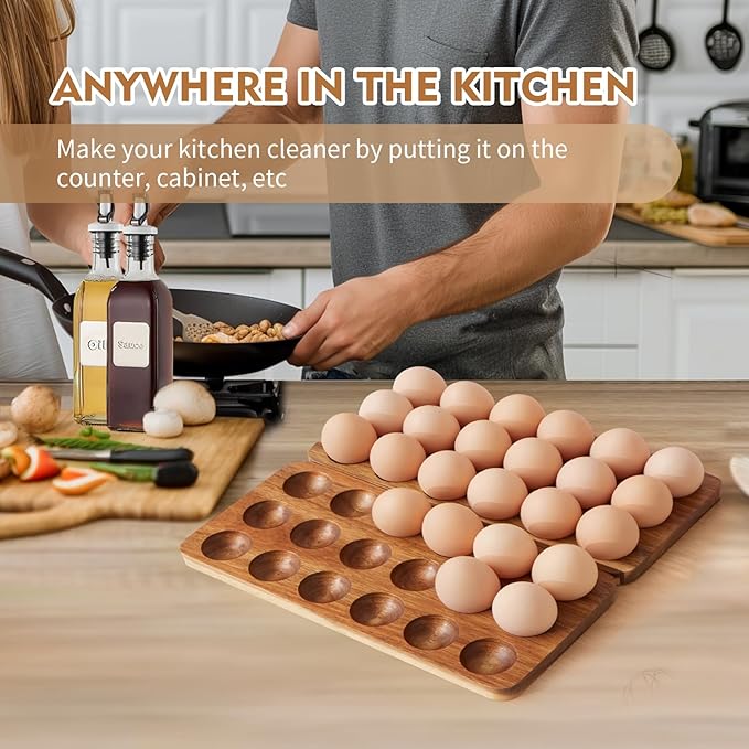 Egg Basket for Chicken Owners Egg Holder Countertop for Parents with Kids Suitable for Kitchen Counter Foldable Acacia Wood Egg Storage Stacks 36 Eggs, Egg Tray Save Counter Space for Fresh Eggs
