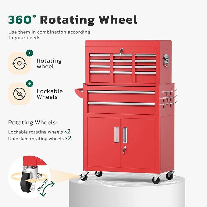 Greenvelly Tool Chest, 8-Drawer Rolling Tool Chest with Hooks and Lockable Wheels,Metal Storage Detachable Top Tool Box with Lockable Wheels for Garage,Workshop,Art Studio(Red)