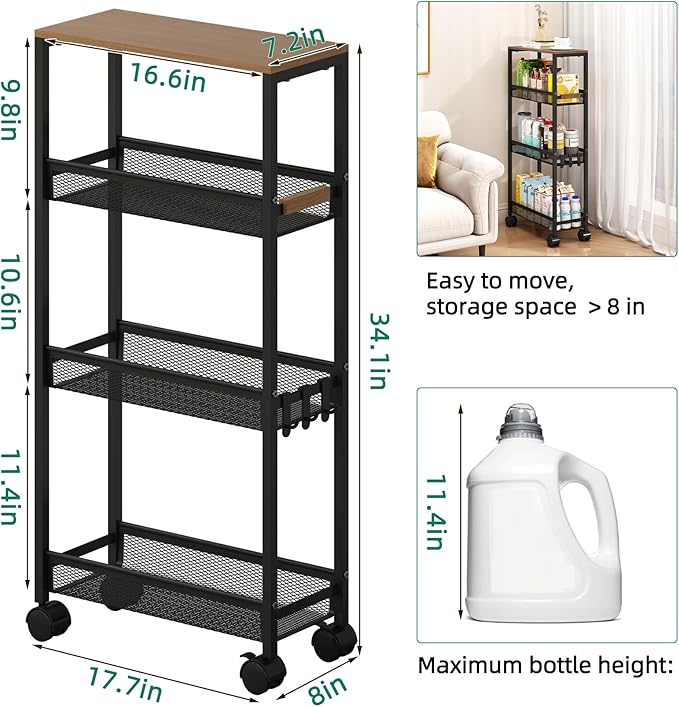 TIPGO Utility Slim Storage Cart, 4 Tier Rolling Cart with Wheels, Narrow Storage Cabinet for Bathroom, Laundry Shelves for Room Organization, Small Organizer for Kitchen, Office and Dorm (Black)