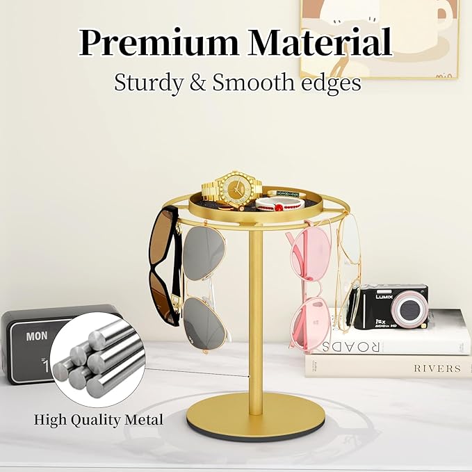LSK Metal Sunglasses Organizer, Glasses Holder Stand with Storgae Tray, Eyeglasses Holder with Anti-Slip Pads for Tabletop, Desk, Dresser, Gold