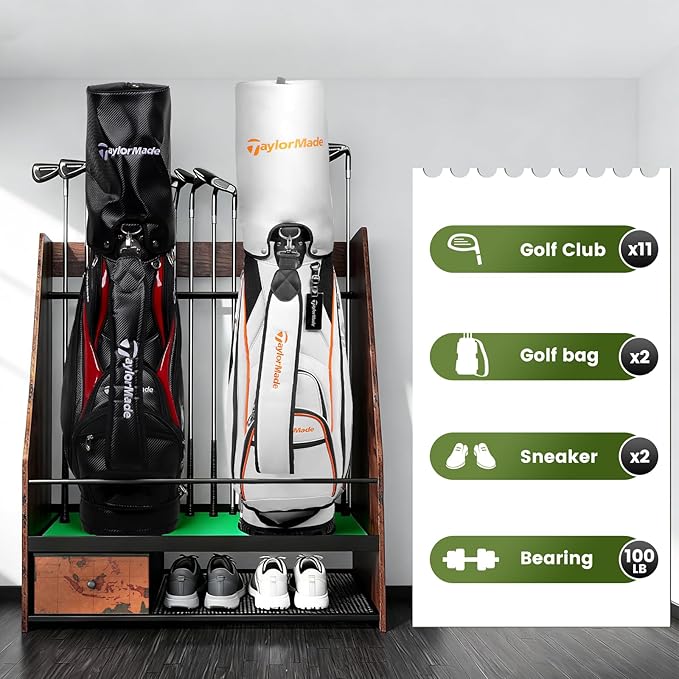 Golf Bag Organizer Rack – Large Wooden Golf Storage for 2 Bags, Clubs & Accessories with Dustproof Drawer, Sports Equipment Rack for Garage, Practice Room, Home or Office (Black)