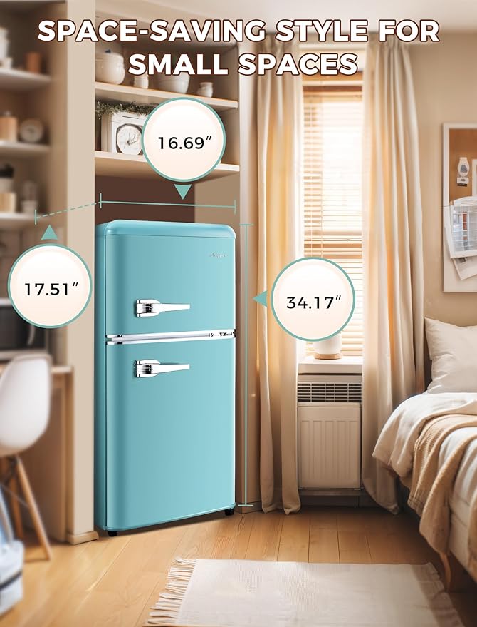 3.2 Cu.Ft Refrigerator, Retro Double Door Fridge with Freezer, 7 Adjustable Temperature Settings, Removable Glass Shelves for Dorm, Office, Bedroom, Apartment, Blue