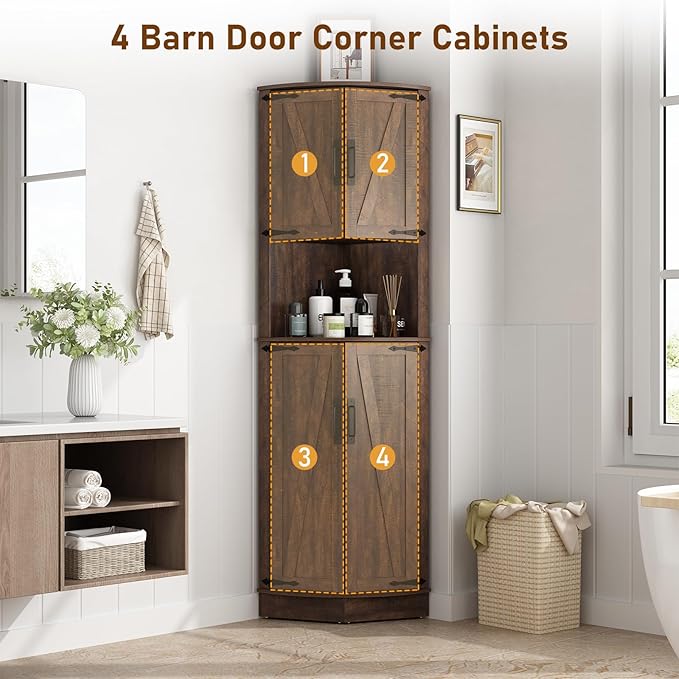 68" Tall Farmhouse Corner Cabinet, Dining Room Storage Cabinet with 4 Barn Doors and 5 Adjustable Shelves, Brown