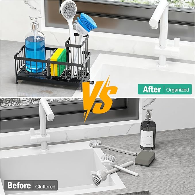 Sponge Holder for Kitchen Sink, Sink Caddy Organizer with High Brush Holder & Auto-Drain Tray, Rustproof Stainless Steel Countertop Storage for Soap Dispenser and Dish Brush, Fast Local Shipping