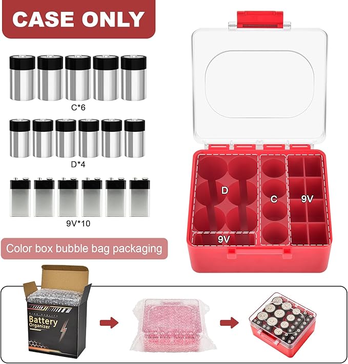 FULLCASE Battery Storage Organizer Box, Holder Container for 20 C D 9V Batteries, Plastic Home Batteries Variety Pack Protective Organization(Case Only) Red