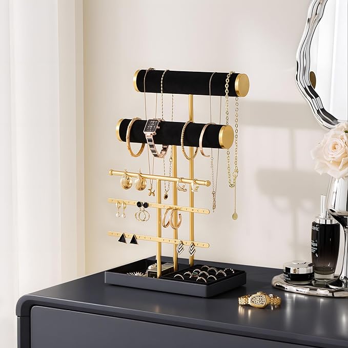 Lolalet Bracelet Display Stand Necklaces Holder, 5 Tiers Jewelry Organizer and Storage Rack with Velvet Slot and Metal Base, for Women Bangles Watches Ring Earrings -Black