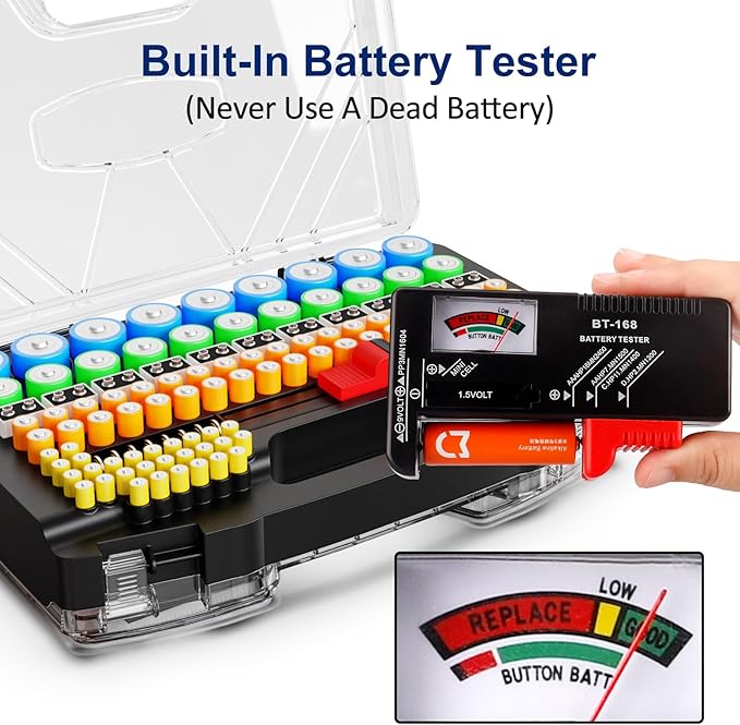 Battery Organizer Storage Holder Box Case with Tester, Stores & Protects Up to 285+ Batteries, Double-Sided and Durable Design,Holds AA AAA 4A C D Cell 9V 3V Lithium LR44 CR2 CR123 (Black)