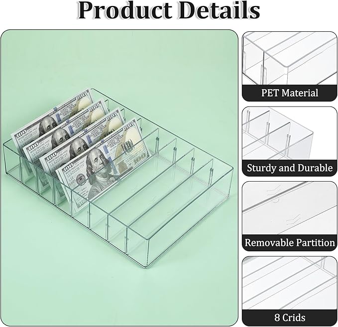 2 Packs Mail Organizer Plastic Cash Tray for Desk - 8 Slots File Organizer Clear Desktop Bill Divider Holder for Paper Envelope Document Book Money Eyeshadow Makeup Palette