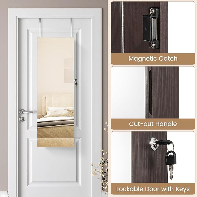 CHARMAID Jewelry Cabinet Wall or Door Mounted, Hanging Lockable Jewelry Armoire Storage With Full Length Mirror, Interior Makeup Mirror, Over the Door Organizer Box (Dark Brown)