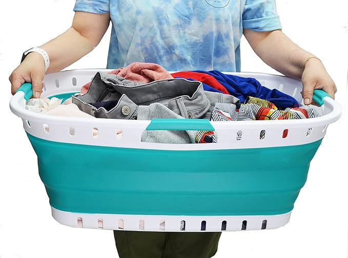SAMMART 44L Collapsible Plastic Laundry Basket - Foldable Pop Up Storage Container/Organizer - Portable Washing Tub - (1, White/Bluish-Green), Size : 25.4 x 17.3 x 10.2 inches